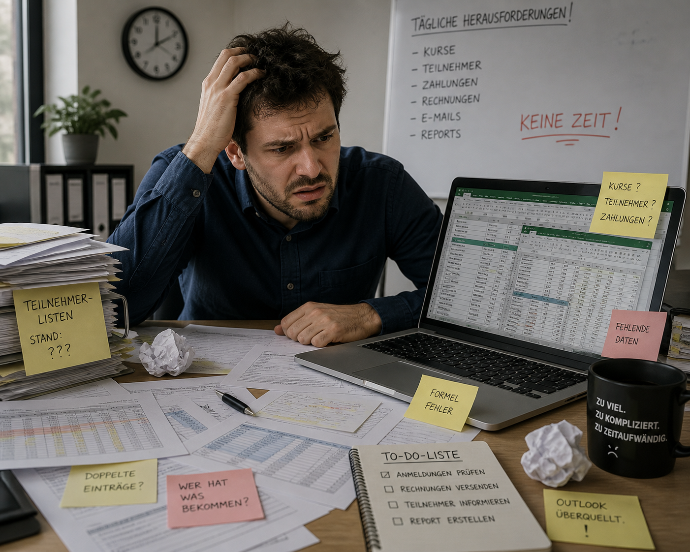 Bildungsträger Mitarbeiterin mit Papierbergen und Excel
