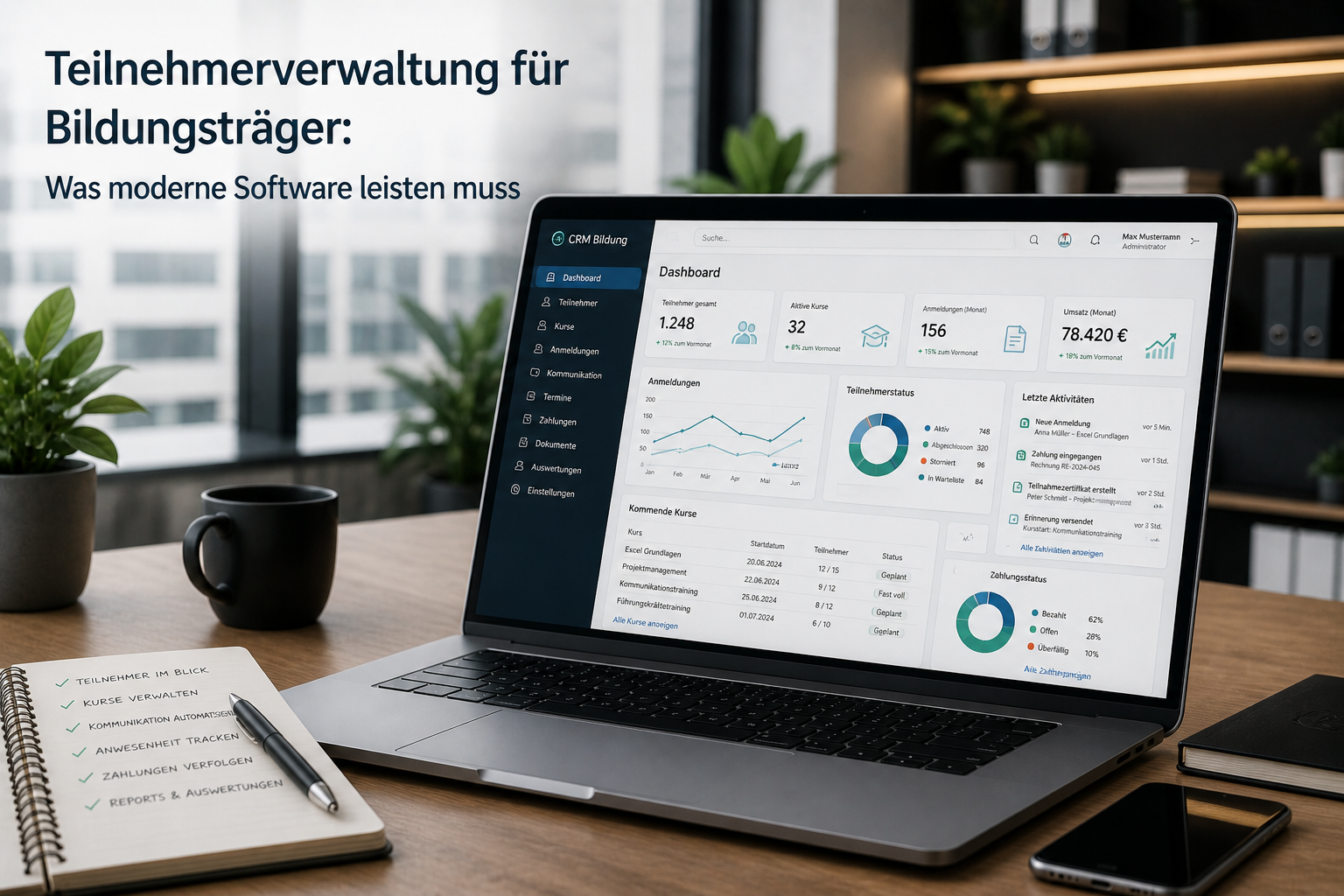Bildungsträger-Mitarbeiterin verwaltet digitale Teilnehmerakten am Computer